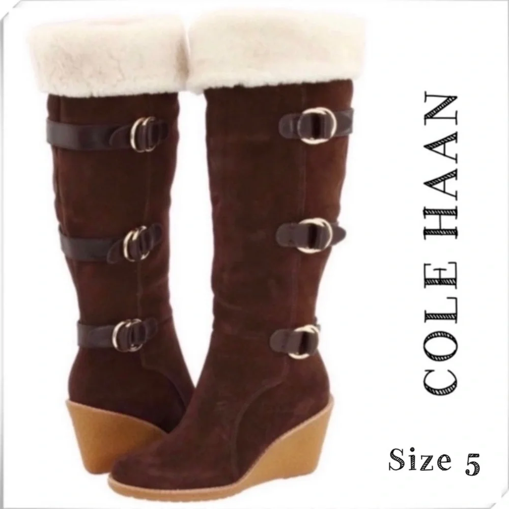 COLE Haan Michelle Belted Suede Fur Cuffs Knee High Wedge Boot Brown Size 5